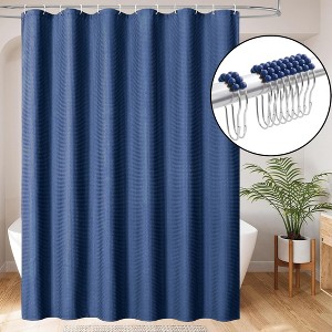 Home Mart Goods Navy Blue Fabric Textured Glam luxury Shower Curtain With 12 Metal Roller Ball Hooks - 72" x 72" - 1 of 3