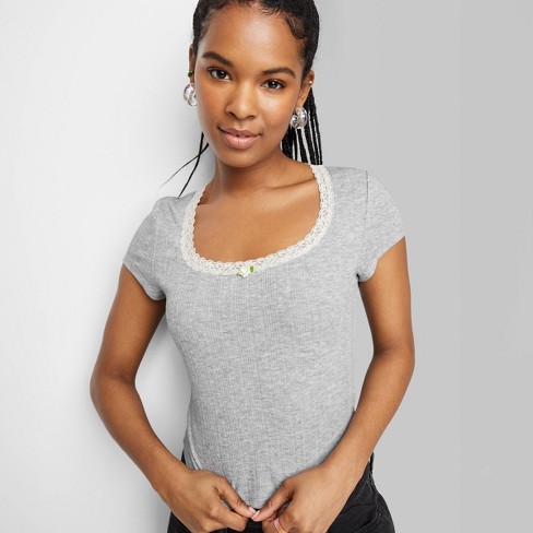 Women's Short Sleeve Pointelle Rosette T-Shirt - Wild Fable™ Gray M
