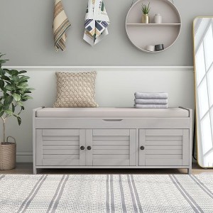 MAXZZZ Storage Bench with 3 Shutter-shaped Doors, Shoe Bench with Removable Cushion and Hidden Storage Space - 1 of 1