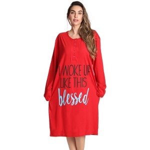 Just Love Womens Nightgown - Long Sleeve Henley Oversized Sleepwear Gown - 1 of 3