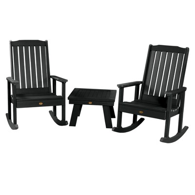 Lehigh 2pk Rocking Chairs with 1 Adirondack Side Table Coastal Teak Gray- Highwood: Outdoor Patio Furniture Set