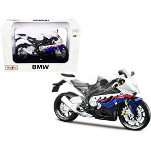 BMW S 1000 RR White with Blue and Red Stripes with Plastic Display Stand 1/12 Diecast Motorcycle Model by Maisto - 1 of 3