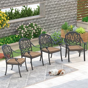 Cast Aluminum Stacking Patio Armchairs with Black Frame & Espresso Brown Plush Cushions - 1 of 4