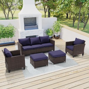 Sonkuki 5-Piece Patio Conversation Sofa Set Brown Rattan with Widen Armrest - 1 of 4