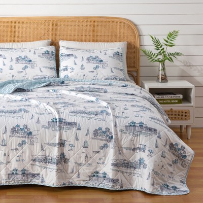 Chic Coastal Toile Reversible Quilt Set With Shams - Great Bay Home