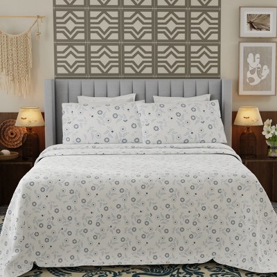 Gray Floral Cotton Blend Queen Percale Sheet Set