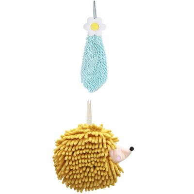 REGALWOVEN 2 Packs Chenille Hand Towel Flower and Cute Cartoon Hanging Hand Towel for Bathroom 6" x 15"/7" x 7"
