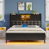 GREENSTELL Queen Bed Frame with Upholstered Storage Headboard Sliding Doors & Drawers and Charging Station & LED Light Wood Black - 3 of 4