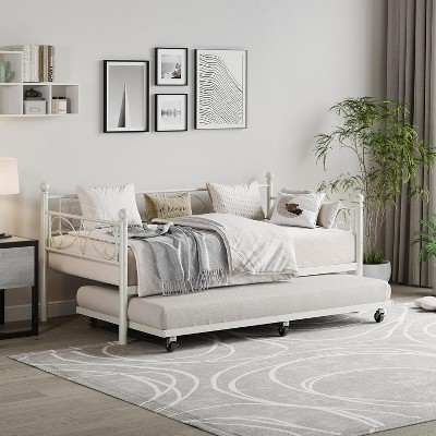 Twin Daybed with Trundle, Metal Sofa Bed Frame with Floral Headboard, Pull-Out Guest Bed with Lockable Casters, for Living Room, Bedroom