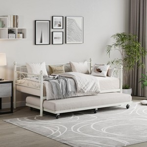 Twin Daybed with Trundle, Metal Sofa Bed Frame with Floral Headboard, Pull-Out Guest Bed with Lockable Casters, for Living Room, Bedroom - 1 of 4