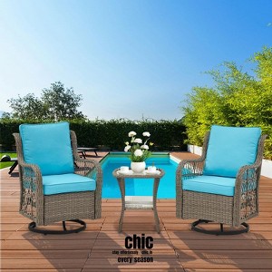 Jojoka 3pc Outdoor Wicker Rocking Bistro Set with 2 Swivel Chairs & Glass-Top Table, Rattan Patio Furniture with Cushions for Porch, Backyard - 1 of 4