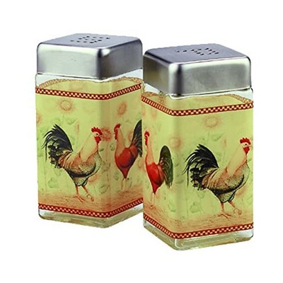 Grant Howard 4 Ounce Capacity Modern Square Glass Rooster Design Salt and Pepper Shaker Set for Kitchen and Dining Table, Multicolor
