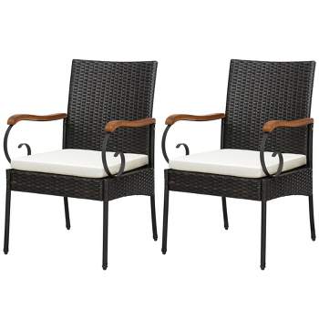 Costway Patio PE Wicker Chairs Acacia Wood Armrests with Soft Zippered Cushion Garden