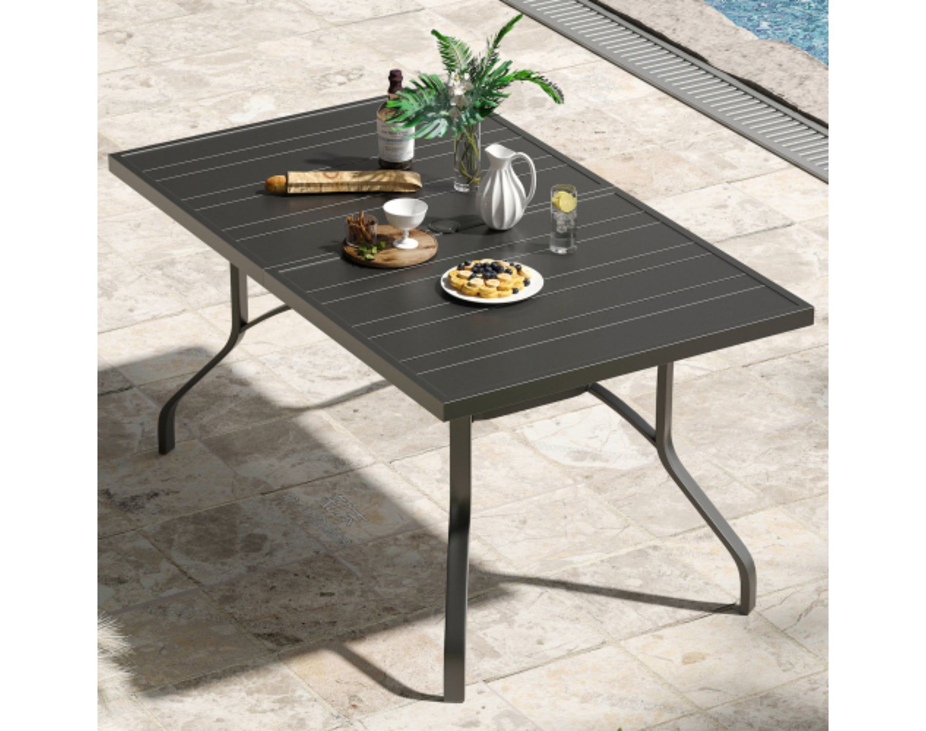 60 x 35 Inch Black Rectangular Patio Dining Table with Umbrella Hole, Weather-Resistant Metal for Garden Yard Poolside