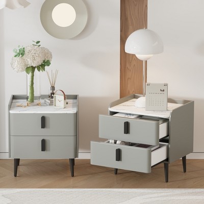Lycvki Nightstand with 2 Drawers and Marble-Pattern Tabletop