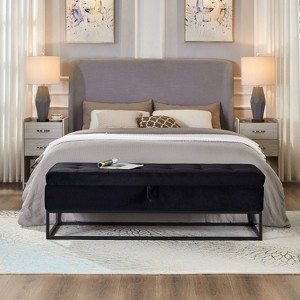 ORRD 58.6" Velvet Storage Bench with Metal Base, Upholstered Long Bed Bench with Lift Top for Bedroom, Living Room, Beige Ottoman - 1 of 4