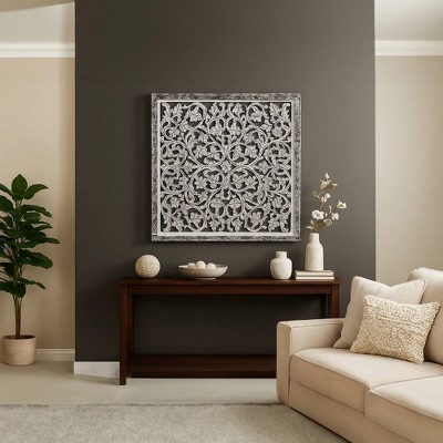 Royal Hampton Carved Mango Wood Wall Decor| 36 Inch Square Wall Panel I Handcrafted Distressed Black & White