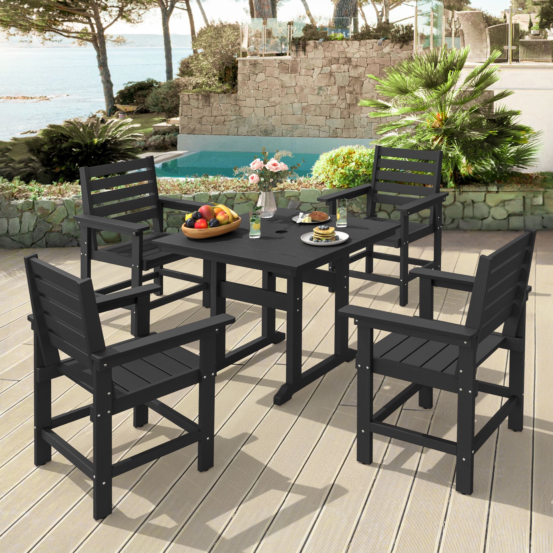 Arceso Patio Table and Chairs Set 5 Pieces, HDPS Weather Resistant Outdoor Dining Set, Square Outdoor Dining Table with 4 Patio Chairs, Black