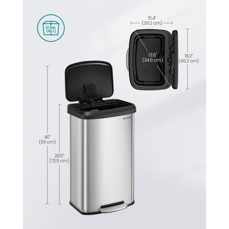 21-Gallon Stainless Steel Trash Can - Large Kitchen Garbage Bin with Stay-Open Lid, Odor Control & Foot Pedal, Space-Saving, Silver and Black, 6 of 6