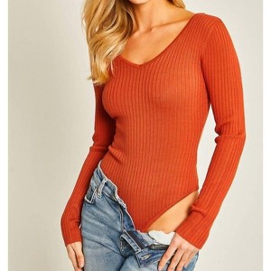 Women's V Neckline Yarn Long Sleeve Bodysuit - LOVE TREE - 1 of 2