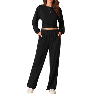 Seta T Women's Two Piece Outfits Front Cropped Sweatshirt and Wide Leg Sweatpant Tracksuit Lounge Set - 1 of 4