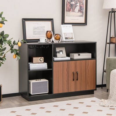 Industrial Black and Brown Wine Bar Cabinet with Glass Holder and Adjustable Shelf
