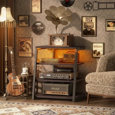 HDZNVF 4-Tier 31in H Record Player Stand With Outlets, Media Console With LED Lights Tan
