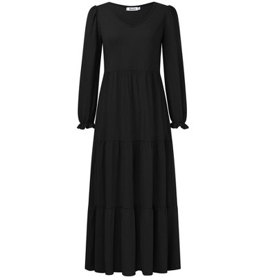 Boho Maxi Dress, Swing Shift Dress Women Tiered Midi High Waist V Neck Ruffle Puff Sleeve Casual Loose Flowy Swing