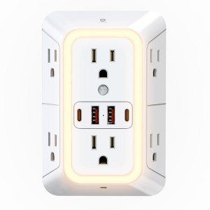 Itopfox Wall Outlet Extender with Night Light, 6 Outlet Power Strip with 4 USB Ports 2 USB-A & 2 USB-C, 1050J Surge Protection for Home Office Travel - 1 of 4