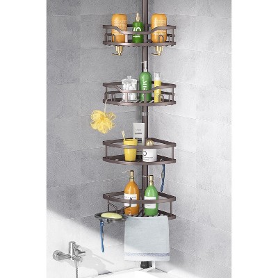 HAMITOR Corner Shower Caddy Tension Pole: Rustproof 4-Tier Bathroom Organizer Shelves for Bathtub Shampoo Storage Black