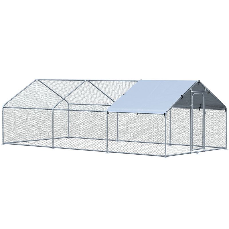 PawHut Galvanized Large Metal Chicken Coop Cage Walk-in Enclosure Poultry Hen Run House Playpen Rabbit Hutch UV & Water Resistant Cover for Outdoor Backyard, 1 of 7
