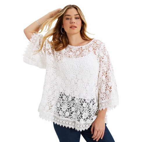 June + Vie by Roaman's Women's Plus Size Boatneck Lace Top, 22/24 - White