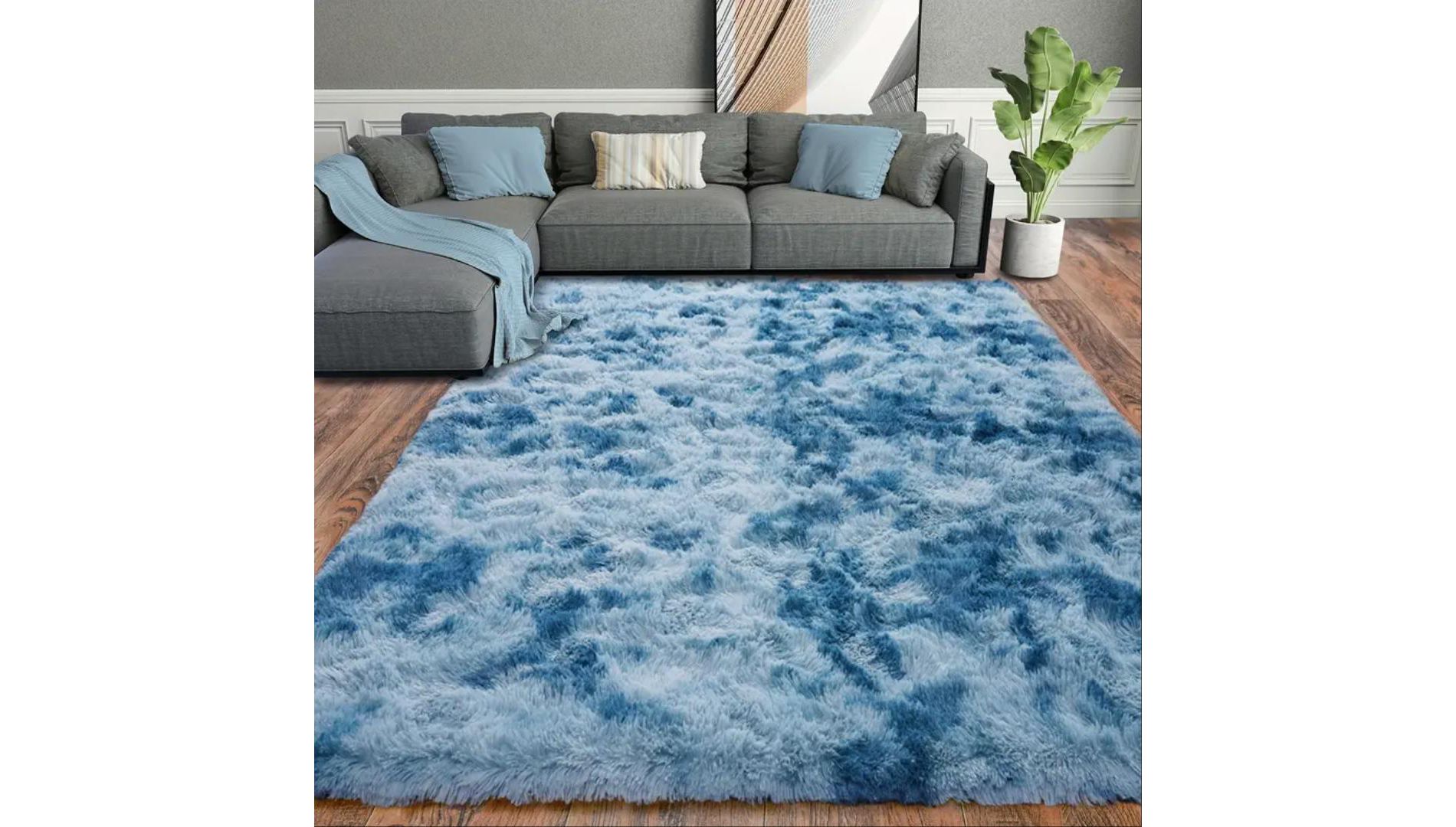 Extra Large Plush Shag Area Rug, 1.7" Thick Ultra Soft Non-Slip Tie-Dye Peacock Blue Mat