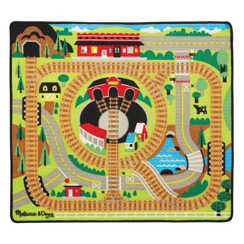 Melissa &#38; Doug Round the Rails Train Rug With 3 Linking Wooden Train Cars  (39 x 36 inches), 5 of 14