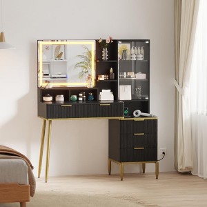 Fluted Vanity Desk with Mirror and Lights, Makeup Vanity Desk with 5 Drawers & Shelves - 1 of 4