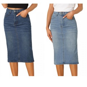 Allegra K Women's Casual High Waist Stretchy Midi Jean Skirt 2 Packs - 1 of 4