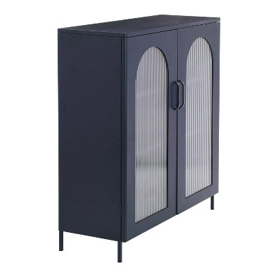 Solstice 40" Black Metal Accent Cabinet with Striated Glass Doors