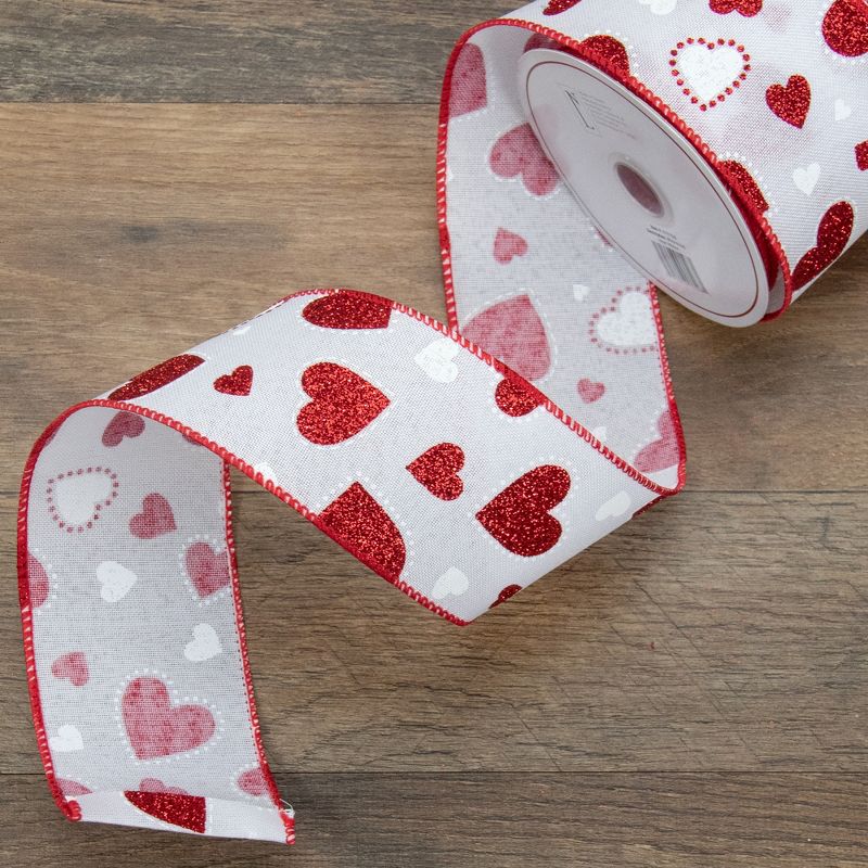 Northlight White and Red Glitter Hearts Valentine's Day Wired Craft Ribbon 2.5" x 10 Yards, 2 of 4