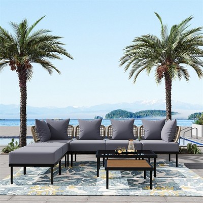 8 Piece Patio Furniture Sets, Outdoor Furniture With 2 Coffee Tables, 2 Corner & Single Chairs, 2 Ottomans, 6 Cushions And Pillows