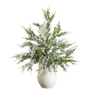 Nearly Natural 18" Pre-Lit Artificial Mini Snowed Cypress Christmas Tree in White Ceramic Planter - 1 of 4