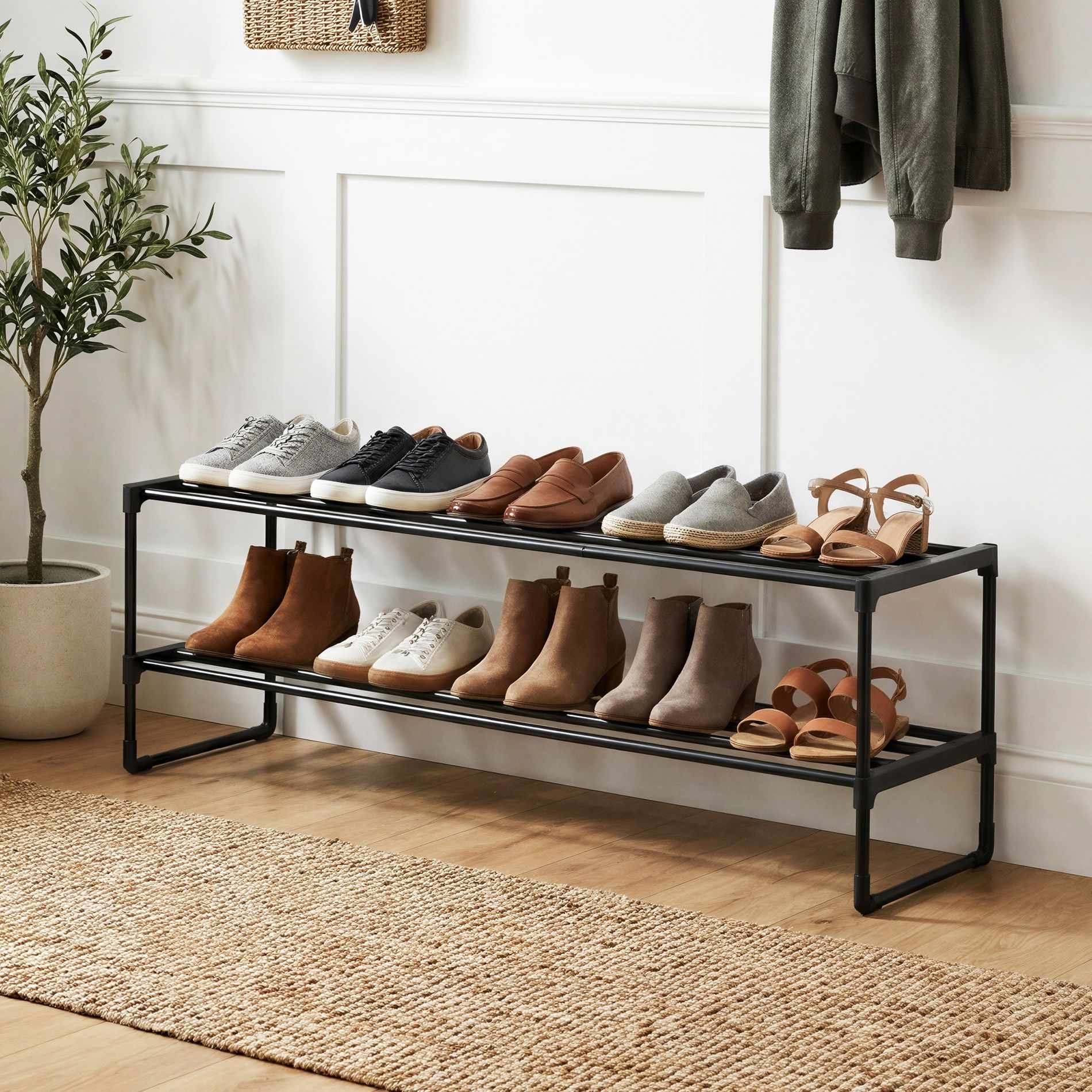 LEDREM 2-Tier Steel, PP Plastic Shoe Storage Shelf, Stackable Shoe Organizer, for Entryway, Black