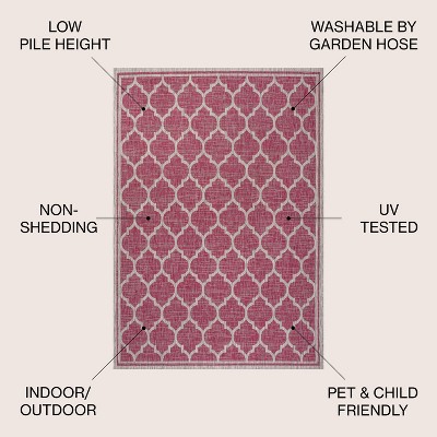Fuchsia and Light Gray Trellis 5' Square Reversible Outdoor Rug