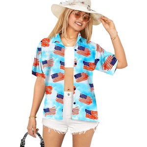 HAPPY BAY Women's Hawaiian American US Patriotic Flag Top Shirts Short Sleeve Button Down Summer Shirt for Women - 1 of 4