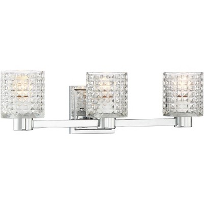 Possini Euro Design Modern Wall Light Chrome Hardwired 22" Wide 3-Light Fixture Textured Diamond Cut Glass Bathroom Vanity Mirror