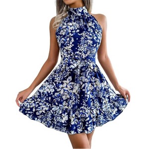 Halter Summer Dress for Women Sleeveless Dress Keyhole Back Floral Sundress with Front Tie Waist Flounce Hem Summer Mini Dress - 1 of 4