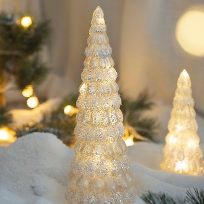 Whisen 3.5x3.5x8.3" Glass Cone Tree W/Light, 3 Pack, Christmas Decoration - Cream