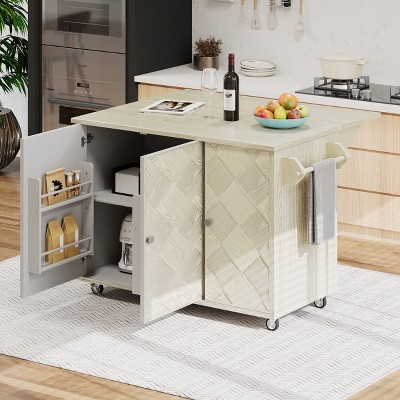 Whisen Classic Wood Kitchen Island on Wheels with Drop Leaf, Towel Rack, Spice Rack
