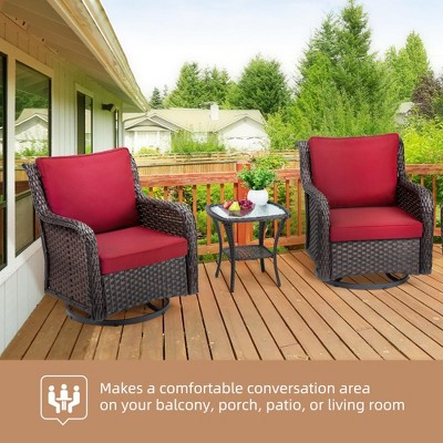 Outdoor 3-Piece Bistro Set: Wicker Glider Chairs & Table with 4" Thick Cushions for Porch, Deck, Balcony