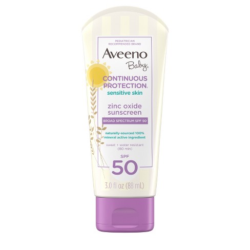 Aveeno Baby Continuous Protection Sensitive Skin Lotion Zinc Oxide  Sunscreen, Broad Spectrum Spf 50 - 3 Fl Oz : Target