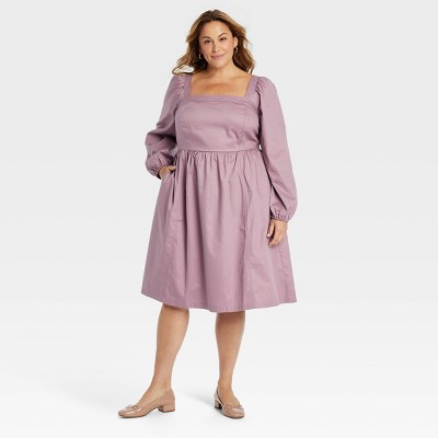 Women's Balloon Long Sleeve Woven Midi A-Line Dress - Ava & Viv™ Mauve 1X